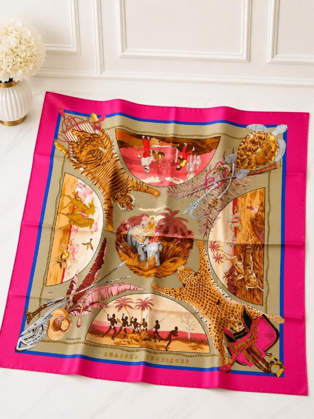 Authentic Hermès Chasses Exotiques Carré 90 Silk Scarf Pink Multicolor